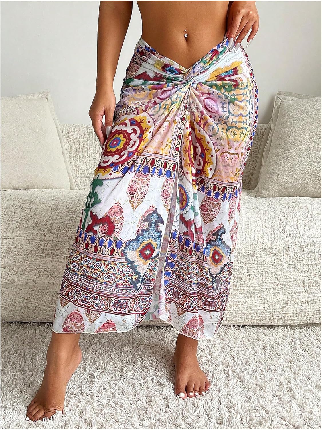 Women's Graphic Print Swimsuit Cover Up Skirts High Waist Long Bikini Wraps Sarong Bathing Suit- L